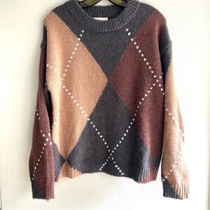 Little Lies Stylish Argyle Crew Neck Sweater - Gray and Brown